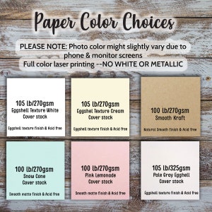 May include: A chart showing different paper color choices for printing. The paper colors include white, cream, kraft, light blue, pink, and gray. The chart also lists the weight and texture of each paper type.
