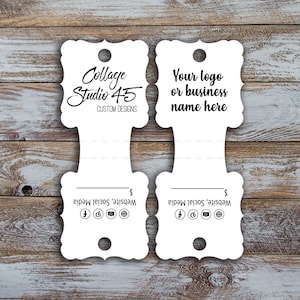 May include: White gift tags with a black border and a hole at the top. The top tag says "Collage Studio 45 CUSTOM DESIGNS". The bottom tag says "Your logo or business name here". Both tags have space for a website and social media information.