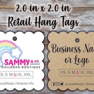 May include: Two 2.0 in x 2.0 in retail hang tags. One tag is white with a rainbow and cloud design, the other is brown with text that says "Business Name or Logo". Both tags have size options.