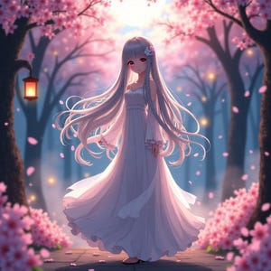 Mystical Anime Girl in Sakura Garden - Digital Wall Art