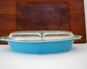 Vintage Pyrex Turquoise Blue Divided Dish with Divided Lid Oval Horizon Blue Serving Baking Kitchen Decor
