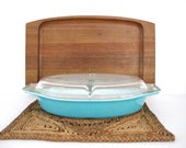 Vintage Americana Blue Solid Turquoise Color Divided Dish with Lid Serving Casserole