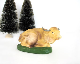 Vintage Spring Horn Cow Bull Figurine Laying Stable Nativity Scene Paper Mache