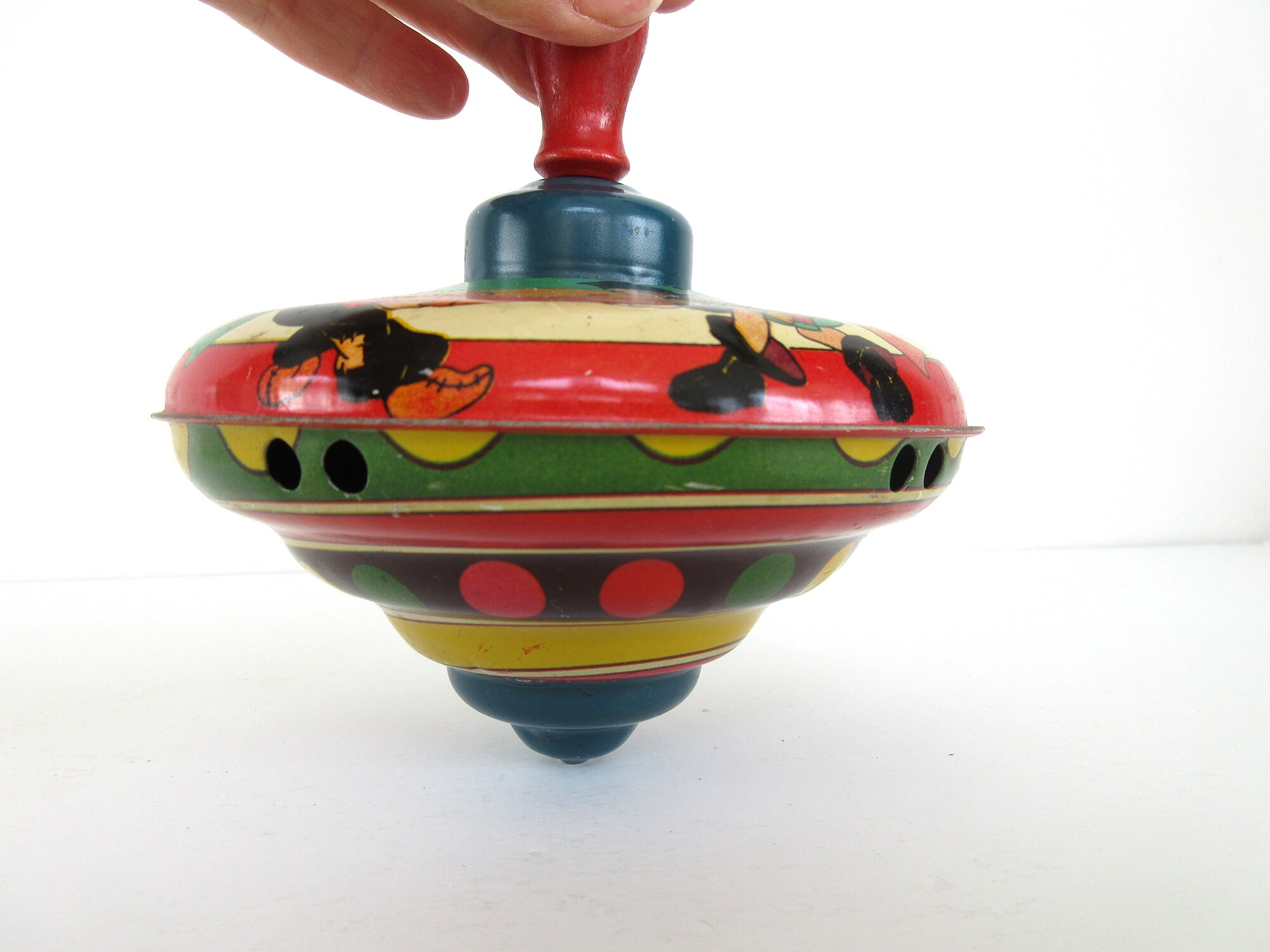 Vintage Spinning Toy Top With Wood Handle, Fern Bisel Peat Pirates