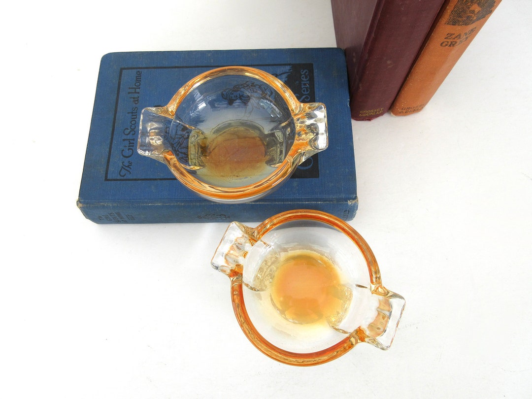 Vintage Small Glass Ashtray Set Clear With Tangerine Orange Etsy