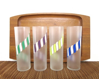 Vintage Frosted Cocktail Glass Set, Candy Stripe Stick Zombie, Libbey Tom Collins Barware, Tall Narrow Tumbler