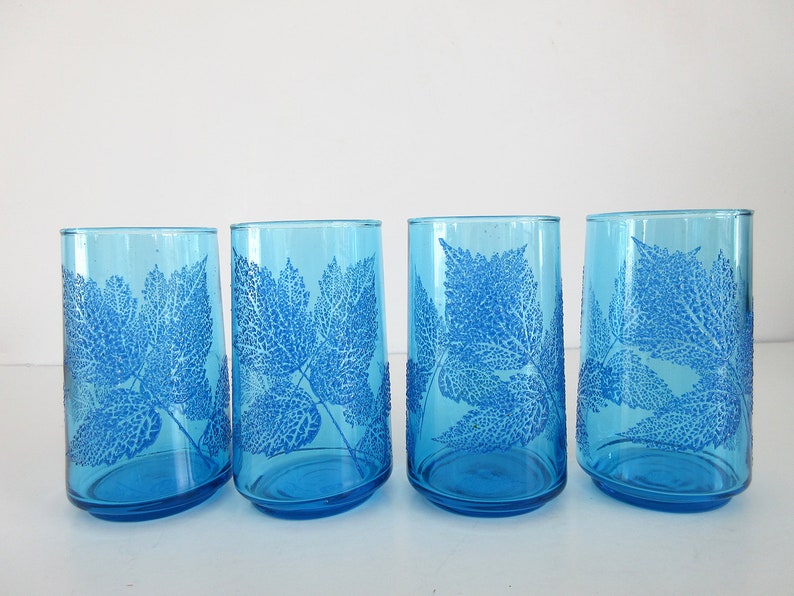 Vintage Glass Tumbler Set of Four Aqua Glassware Embossed Etsy