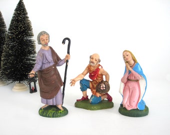 Vintage Nativity Figurines Mary Praying Kneeling Joseph Lantern Man with Eggs Italy Depose Italian Crèche