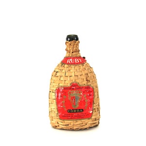 Vintage Oval Wicker Wine Bottle, Wrapped with Handle, Ruby Grape Portugal Sangalhos, Mid Century Barware