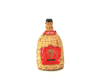 Vintage Wine Bottle Wicker Wrapped with Handle Oval Ruby Grape Portugal Sangalhos Mid Century Barware