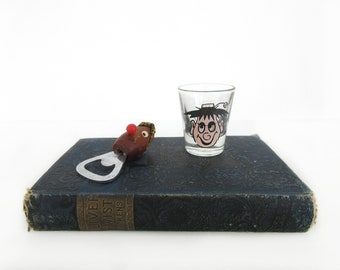 Mid Century Novelty Shot Glass 3D Roving Eye S-S Delightful Wood Head Bottle Opener Barware