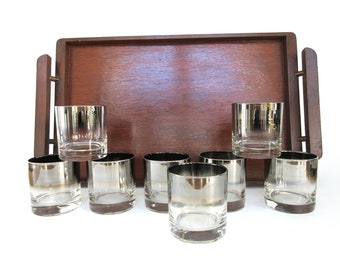 Mid-century Silver Fade Lowball Glasses, Set of 4, Four Wide Band Short Lusterware, Old Fashioned Barware, Minimalist Glassware