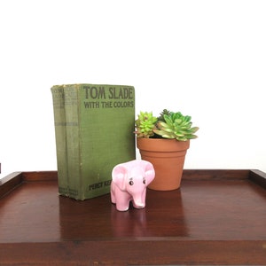 May include: A wooden tray with a green book titled "Tom Slade with the Colors" by Percy Keese Fitzhugh, a pink ceramic elephant figurine, and a terracotta pot with a succulent plant.