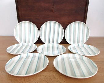 Vintage Bread and Butter Plate Set of Four Grey Turquoise Striped Holiday W. S. George 1954 Half Century Eight Available