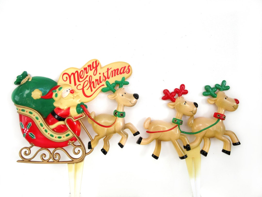 Vintage Plastic Santa Sleigh Reindeer Cute Lawn Yard Stakes Etsy