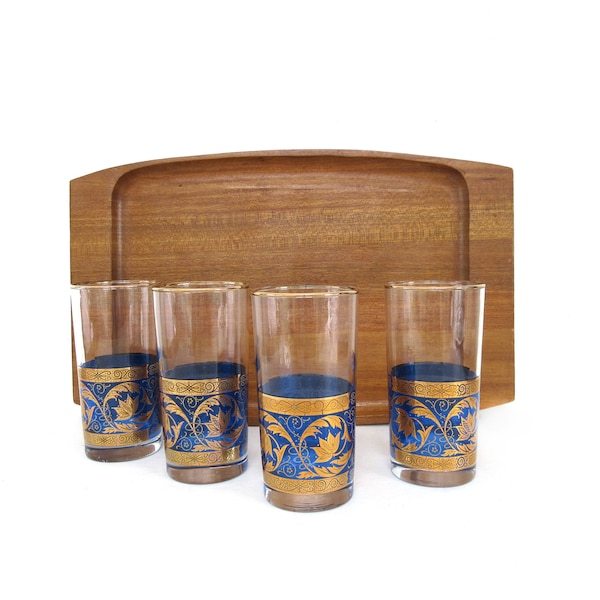 Vintage Tumbler Set of Four, Highball Glasses, Cocktail Glass, Danube Cobalt Blue Gold Floral, Mid Century Barware