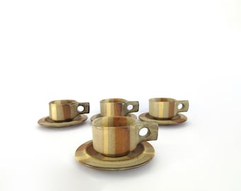 Vintage Stoneware Cup and Saucer, Set of Four, Jim McBride Fabrik, Striped Foxfire - 1970s Art Pottery