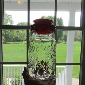 May include: A clear glass jar with a red lid, held in front of a window. The jar has a decorative, diamond-shaped pattern. The background shows a green lawn and trees, suggesting a vintage or antique kitchen storage item.