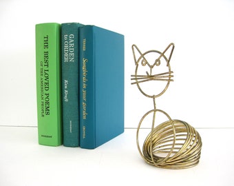 Vintage Wire Cat Letter Holder Coiled Gold Mail Memo Office Organizer Mid Century Decor