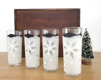 Vintage Glass Tumbler Set Frosted Snowflake Black Diamond Collins Bar Mid Century Barware Anchor Hocking