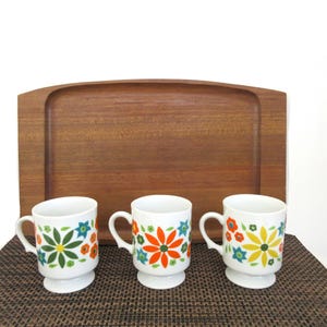 Vintage Ceramic Floral Mug Set, Retro Flower Power, Pedestal Coffee Cups, Orange Yellow Green Daisy