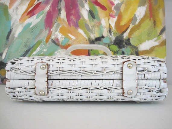 Vintage White Wicker Handbag Large Box Purse Luci… - image 6