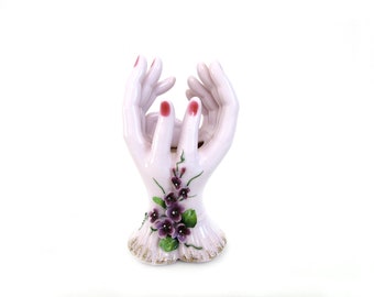 Vintage Lefton Hand Figurine Applied Violet Flowers Vase Bracelet Holder Mid Century Vanity Display Japan 7089