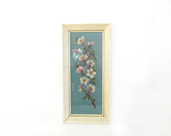 Vintage Framed Embroidered Floral Picture, Mid Century Textured Frame, Crewel Work, Vertical Handmade Needlework Art, Apple Blossoms