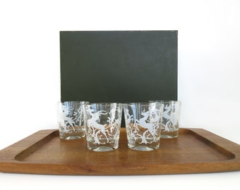 Vintage Leaping White Gazelle Glass Set, Federal Antelope Lowball Whiskey Glasses, Mid Century Barware
