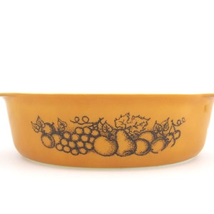 Vintage Pyrex Casserole Dish, Old Orchard, 2 1/2 Qt, Gold Orange Fruit 1960s
