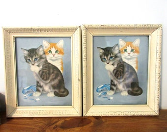Vintage Framed Cute Big Eyed Kittens Litho Print Cat Picture Cream White Chippy Wood Frame Girard