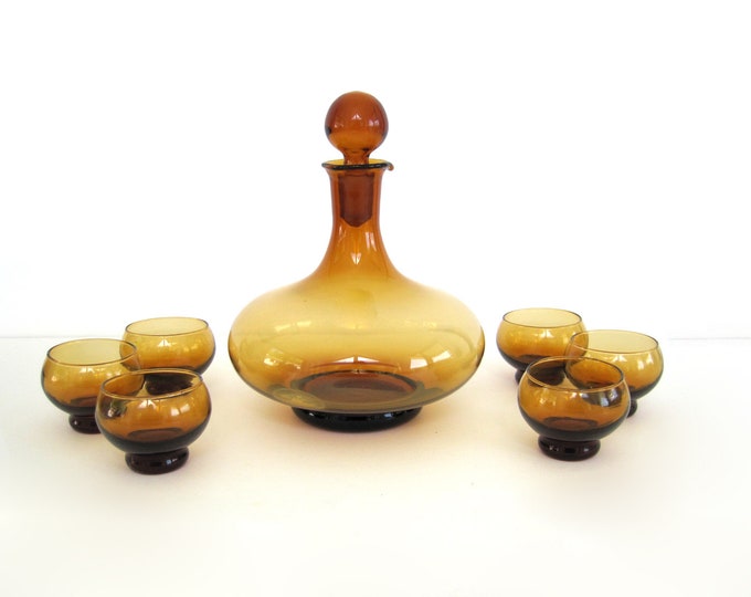Vintage Amber Glass Decanter Set Mod Cordial Glasses Shot Etsy