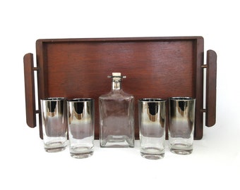 Vintage Silver Fade Highball Glass Set with Square Decanter, Ombre Cocktail Tumblers, Mid Century Lusterware Barware