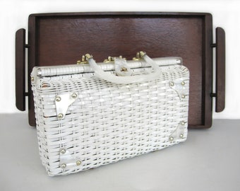Vintage White Wicker Handbag Large Box Purse Lucite Silver Metal Hardware Arthur Hong Kong Mid Century