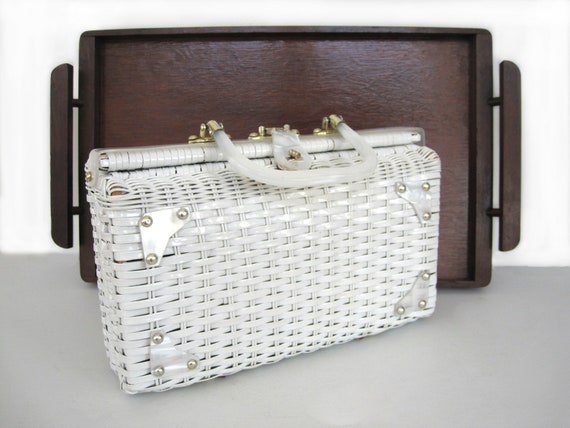Vintage White Wicker Handbag Large Box Purse Luci… - image 1