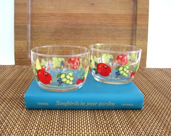 Vintage Libbey Clear Glass Bowl Set with Apple Strawberry Pear Fruit Design Small Serving Prep Cereal Mid Century Farmhouse Decor
