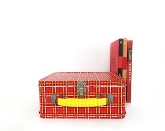 Vintage Metal Lunchbox, Ohio Art Lunch Box, Retro Red Plaid Scotch, Yellow Handle, 1960s Decor, Fall Academia Decor