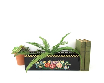 Vintage Metal Tole Planter, Hand-Painted Floral, Small Narrow Rectangular Entryway Catchall, Office Organizer, Gold Black Indoor Decor