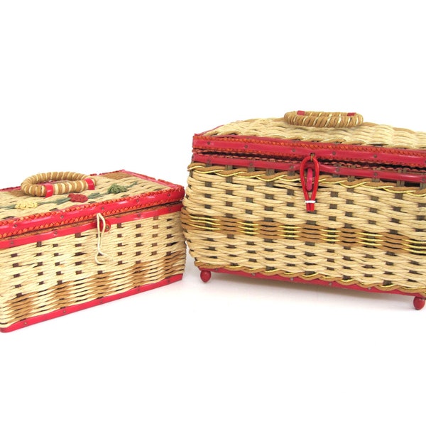 Vintage Woven Sewing Basket Set of 2 Mommy and Me Music Box Medium Small Cute Made in Japan