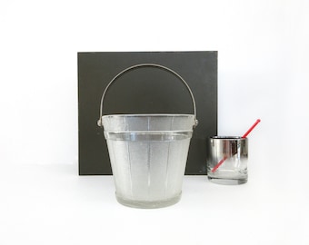 Vintage Glass Ice Bucket, Textured Faux Wooden Barrel Design, Hammered Aluminum Handle, Mid Century Barware