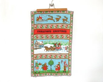 Vintage Linen Tea Towel, Ulster Christmas Greetings, Irish Kitchen Dish Towel, Santa Sleigh Reindeer Wall Art 4983