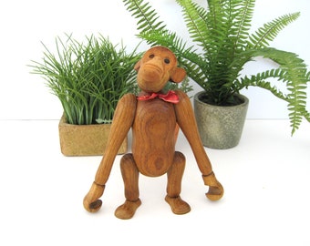 Vintage Large Zoo Line Wooden Monkey Mid Century Wood Danish Zooline 1958 Articulated Carved Face Red Tie