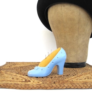 Vintage Plastic High Heel Pin Cushion, Blue Shoe, Mid Century Sewing Accessory