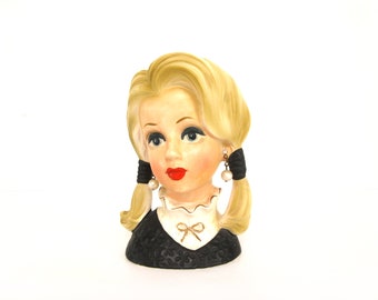 Vintage Rubins Ceramic Head Vase, 4135 Headvase, Teen Girl Blond Pigtails