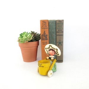 Vintage Wooden Lady Figure Pushing Barrel Cart, Toothpick Holder, Large Brim Hat, Erzgebirge Style