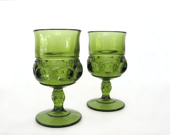 Vintage Glasses Tiffin Coupe Champagne Glasses set of 3 Indiana Glass Kings Crown Thumbprint Green Footed Sherbet Glasses Glassware