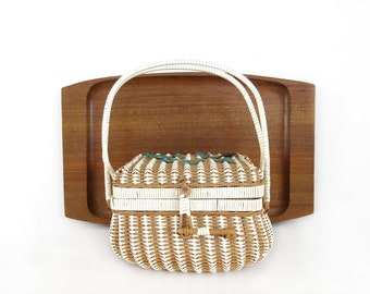 Vintage Small Woven Wicker Basket Purse Two Handle Plastic Leaves Wood Made in British Hong Kong Flower Girl