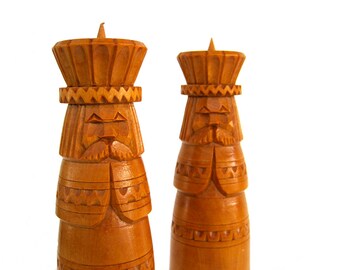 Vintage Wood Candle Holders, Hand Carved Candlestick Pair, Scandinavian Candleholder