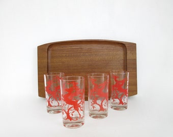 Vintage Leaping Red Gazelle Glass Set, Federal Antelope Highball Water Tumbler, Mid Century Barware