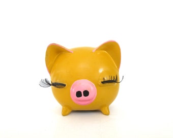 Vintage Cute Ceramic Piggy Bank Eyelashes Small Round Girl Pig Figurine Yellow Ochre